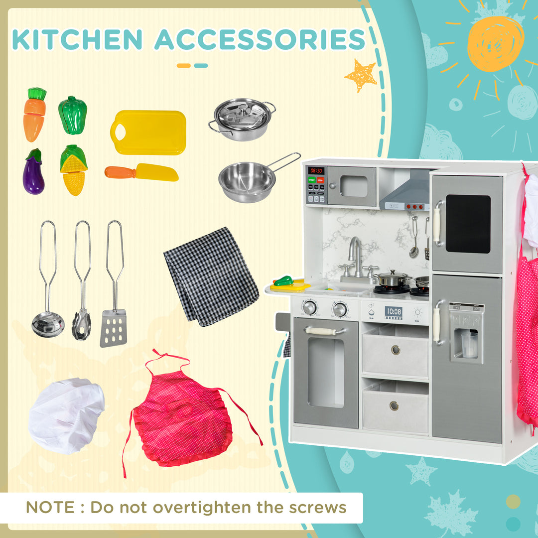 AIYAPLAY Toy Kitchen with Lights Sounds, Apron and Chef Hat, Ice Maker, Microwave, for 3-6 Years Old - White | Aosom UK