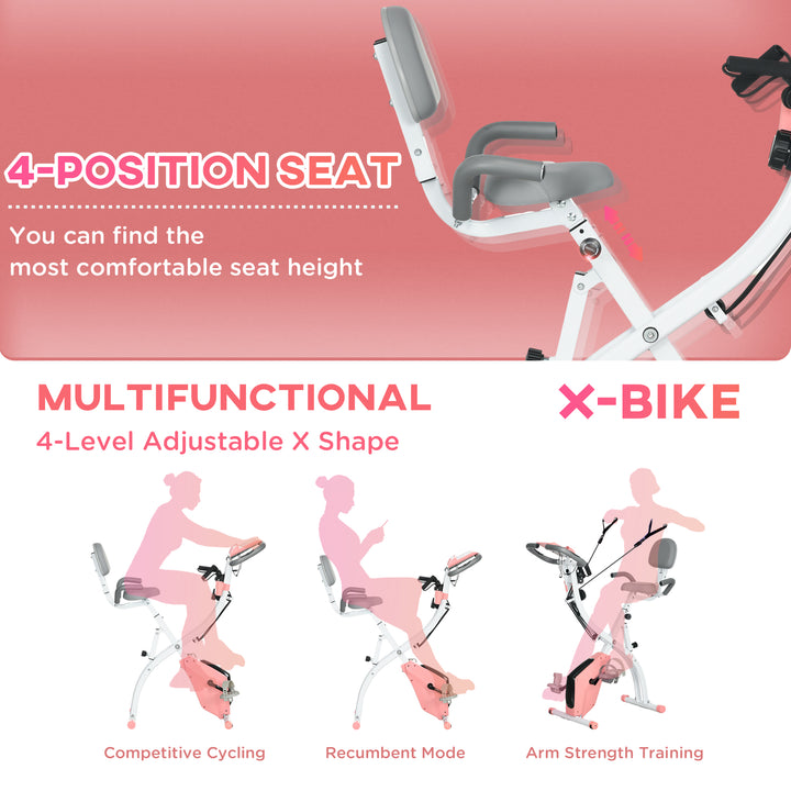 2-in-1 Folding Exercise Bike with 8-Level Magnetic Resistance, Arm Resistance Band, Pulse Sensor, Pink