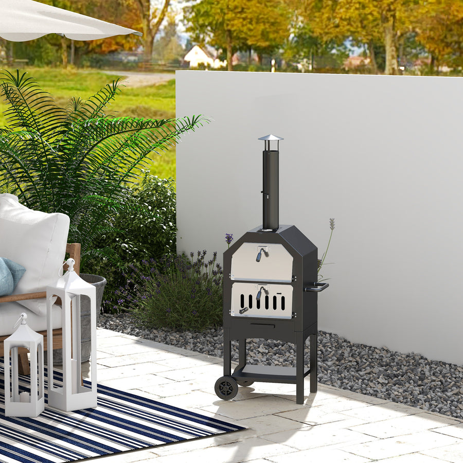 Outdoor Garden Pizza Oven Charcoal BBQ Grill 3-Tier Freestanding w/ Chimney, Mesh Shelf, Thermometer Handles, Wheels Garden Party Gathering Stainless Steel Cooker