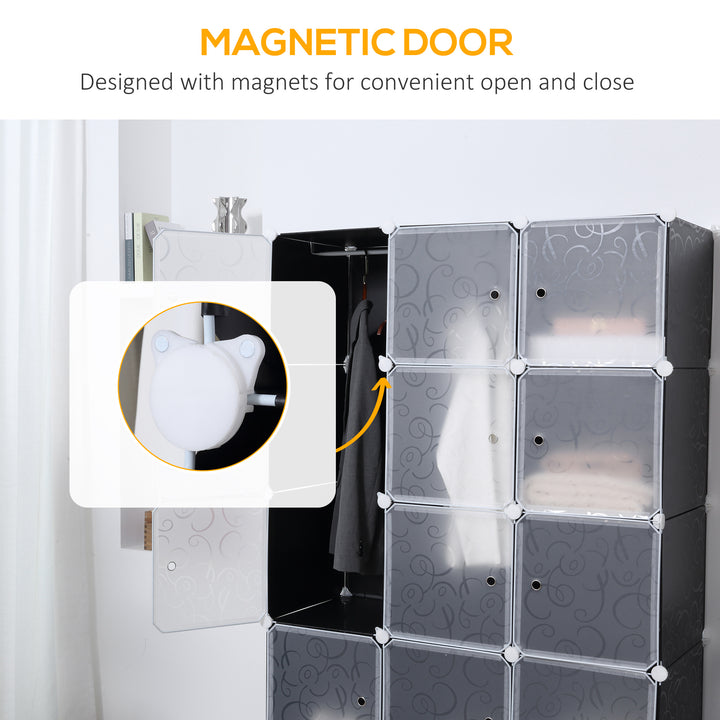 MCL Portable Wardrobe for Bedroom, 15 Cube Closet with Hanging Rail, Modular Storage Cabinet, Plastic Armoire for Space Saving, White and Black