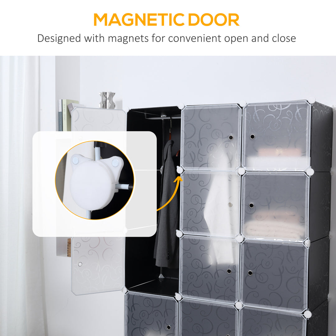 Portable Wardrobe for Bedroom, 15 Cube Closet with Hanging Rail, Modular Storage Cabinet, Plastic Armoire for Space Saving, White and Black