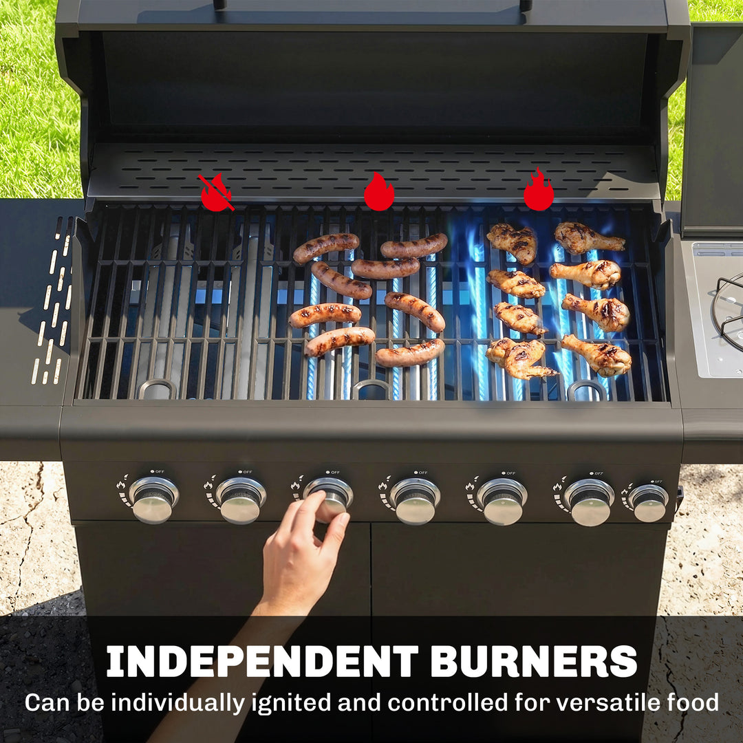 6+1 Burner Gas BBQ Grill, Outdoor Barbecue Trolley with Wheels, Warmin