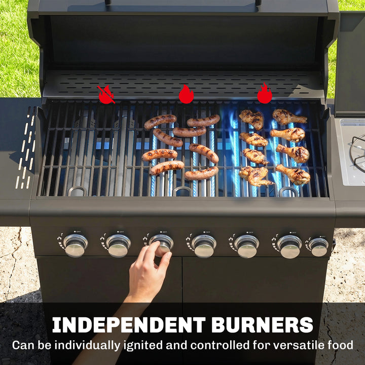 6+1 Burner Gas BBQ Grill, Outdoor Barbecue Trolley with Wheels, Warmin