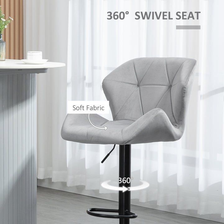 Bar Stools Set Of 2, Luxurious Velvet-Touch Barstools with Metal Frame Footrest Round Base Triangle Indenting Moulded Seat Adjustable Height Swivel Grey