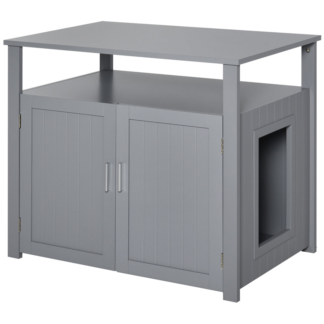 MCL Wooden Cat Litter Box Enclosure Furniture with Adjustable Interior Wall & Large Tabletop for Nightstand, Grey