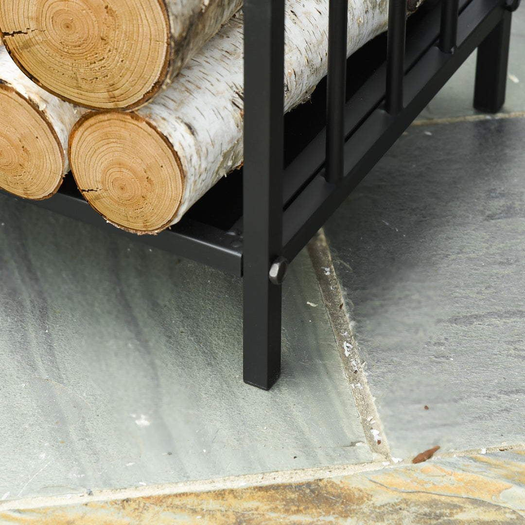 MCL Metal Firewood Log Holder Indoor Outdoor Firewood Rack Fireplace Wood Storage Shelf w/ Handles, Rust-Resistant, Black, 39L x 32.5W x 46Hcm