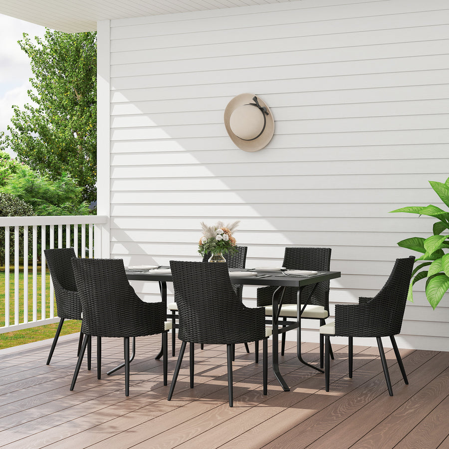 6 Seater Rattan Dining Set with Cushions, Garden Furniture Set with Armchairs, Rectangle Slatted Table Top, Steel Frame, Parasol Hole, Wicker Outdoor Furniture for Patio, Balcony, Cream White