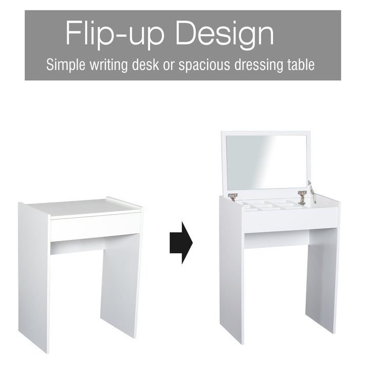 Dressing Table with Mirror and Stool, Vanity Makeup Table with Flip Up Mirror, Vanity Desk with Storage Unit and Padded Seat, White