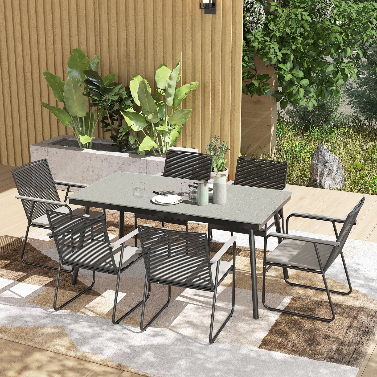 6‑Seater Garden Dining Set with Cushions, Rattan Backrest, Plastic Top