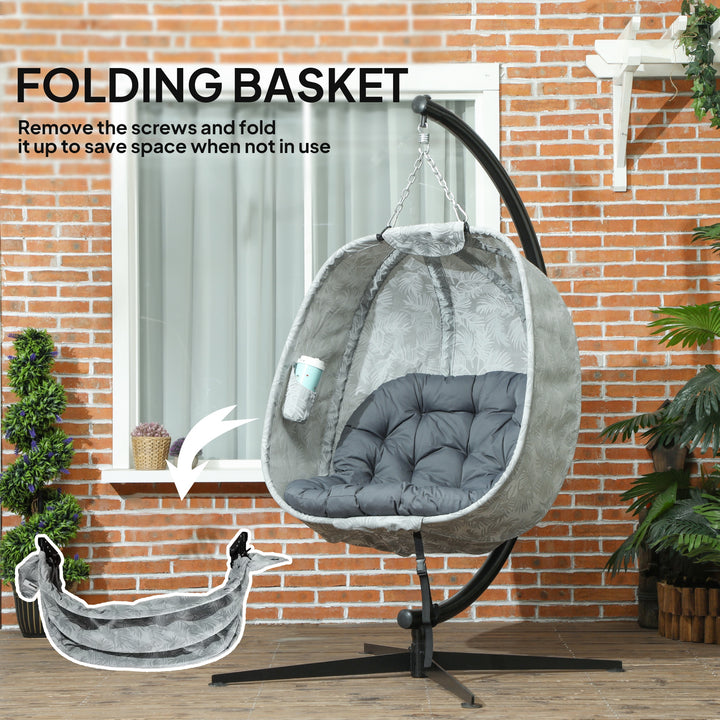 Hanging Egg Chair Outdoor Indoor Garden Swing Chair with Folding Basket, Garden Hanging Chair with Stand, Thickened Cushion, Cup Holder for Patio, Balcony, Grey