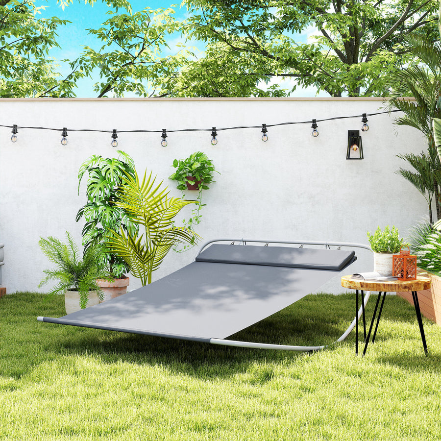 Rocking Sun Lounger, Double Garden Lounger Sunbed with Headrest Pillows, Texteline Outdoor Rocking Chair Swing Hammock Daybed with Metal Frame for Patio, Terrace, 212 x 175 x 60 cm, Grey