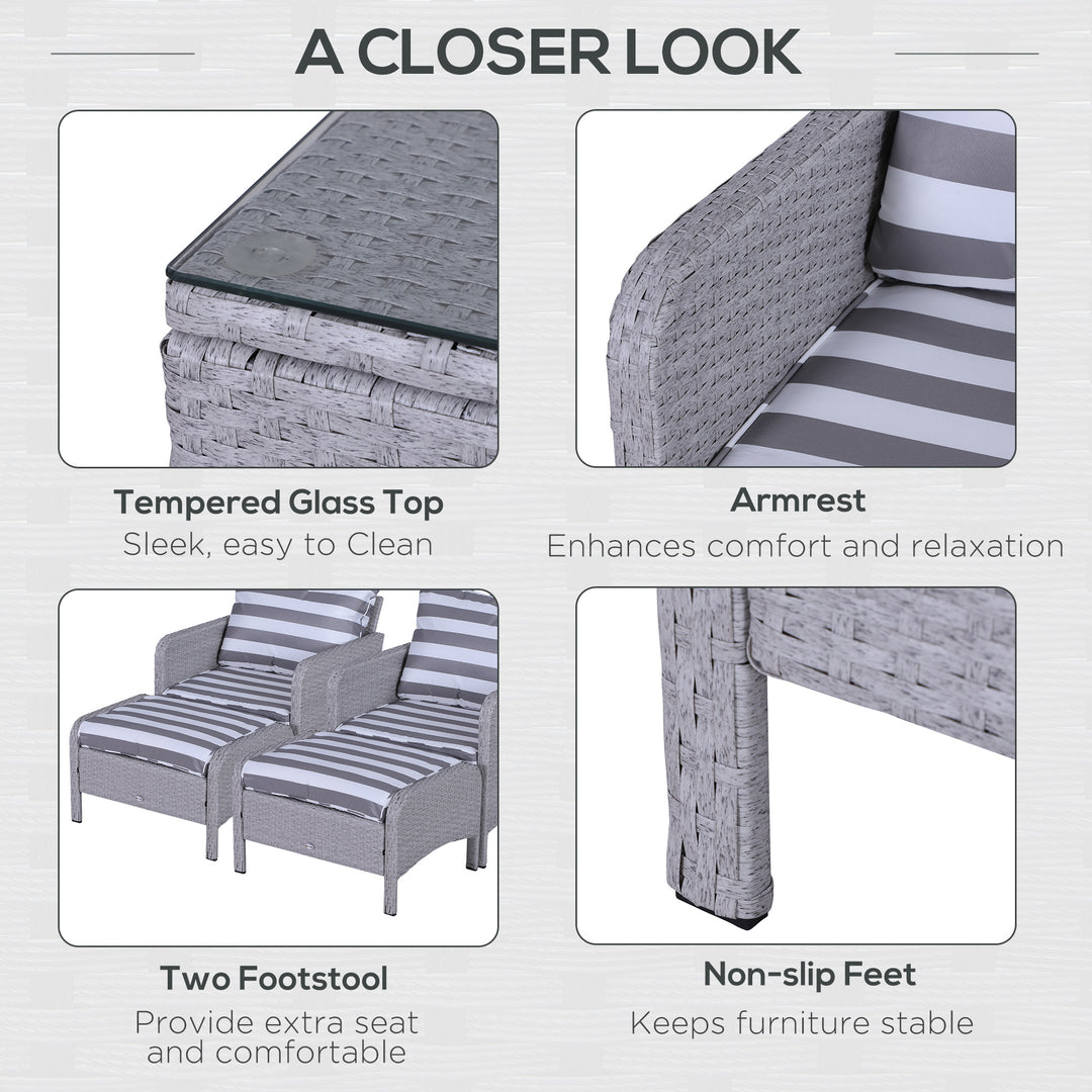 MCL 5 Pieces PE Rattan Garden Furniture Set with 10cm Thick Padded Cushions, Wicker Weave Outdoor Seating Chairs with 2 Armchairs, 2 Stools, Glass Top Table, Grey and White