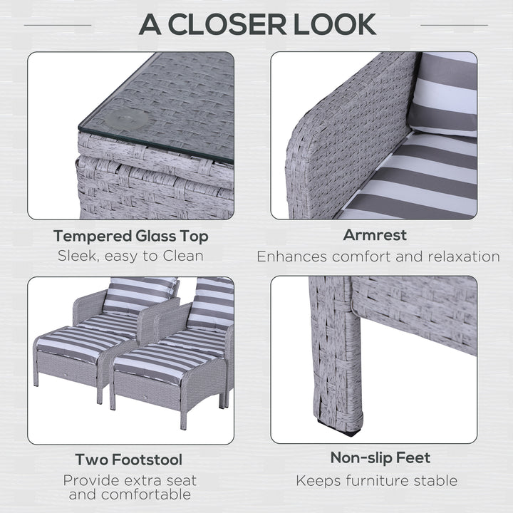 MCL 5 Pieces PE Rattan Garden Furniture Set with 10cm Thick Padded Cushions, Wicker Weave Outdoor Seating Chairs with 2 Armchairs, 2 Stools, Glass Top Table, Grey and White