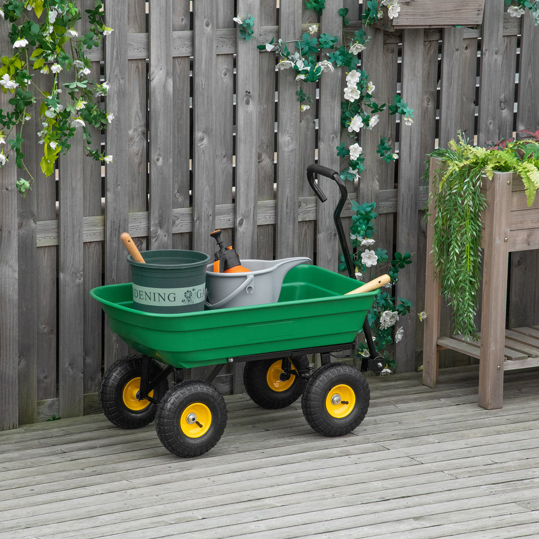 Outsunny 75 Litre Large Garden Cart Heavy Duty 4 Wheel Trolley Dump Wheelbarrow Tipping Truck Trailer - Green | Aosom UK