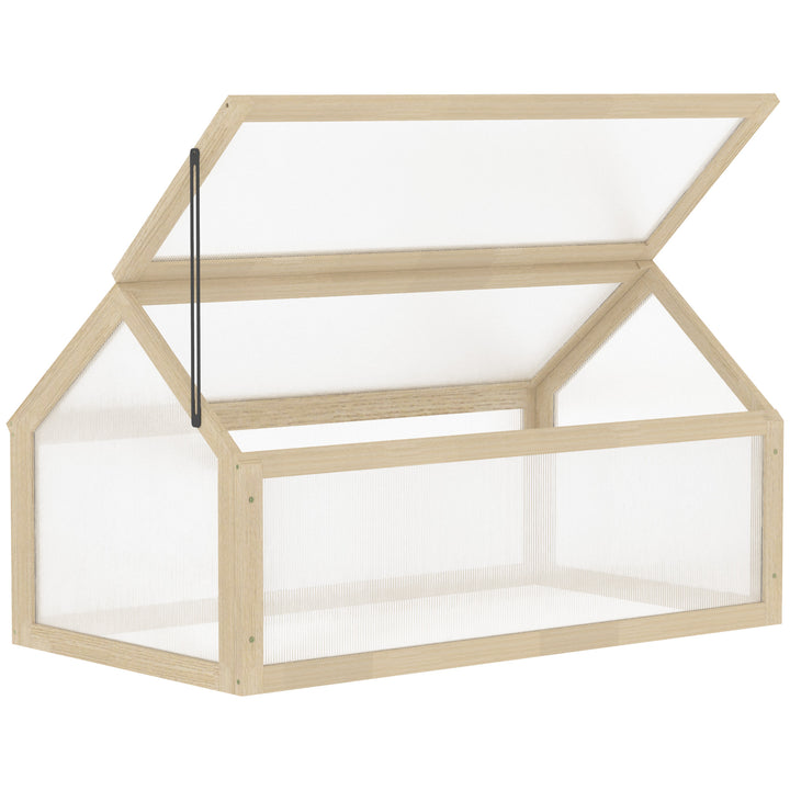 Wooden Cold Frame Garden Polycarbonate Greenhouse with Openable Top Cover, Grow House for Flowers, Vegetables, Plants, 90 x 52 x 50cm, Natural