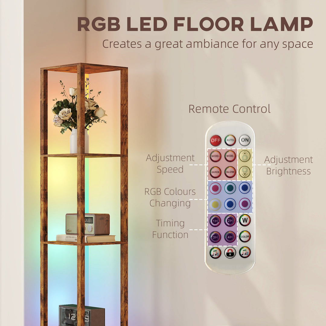RGB LED Floor Lamp with Shelves, Modern Dimmable Standing Lamp with Remote Control, Adjustable Brightness & Speed for Living Room, Bedroom, Office, Rustic Brown