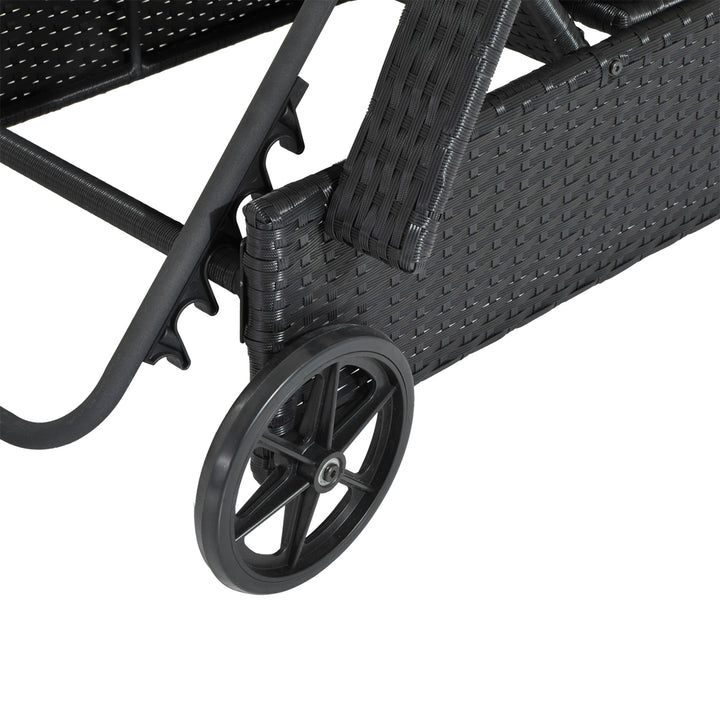 Rattan Sun Lounger, Garden Lounger Recliner with Wheels and Adjustable Backrest, Outdoor Reclining Sunbed Garden Chair with Cushion and Headrest for Patio, Beach, Terrace, Black