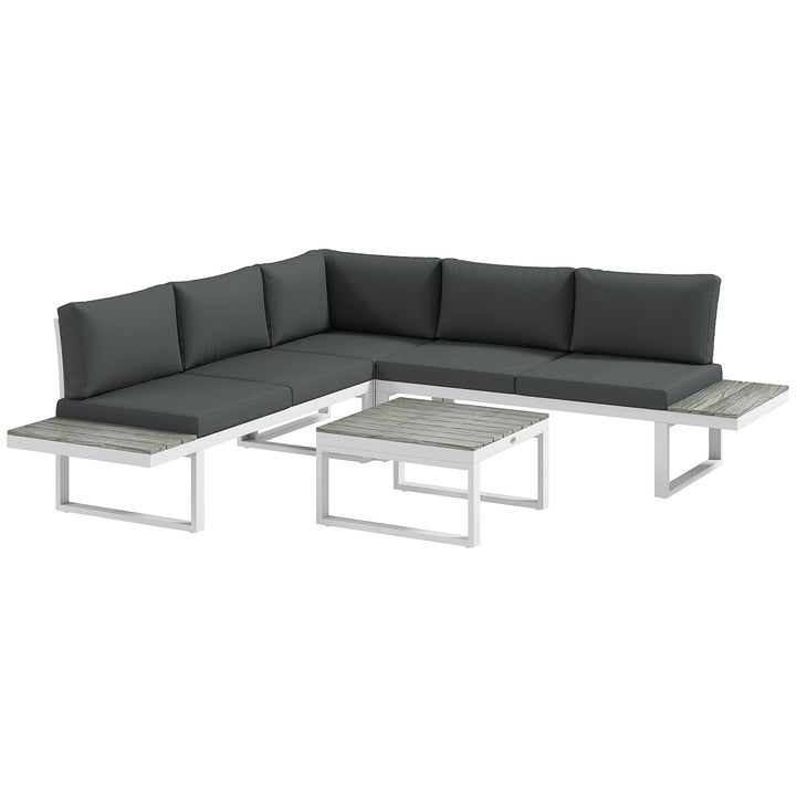 4 Pieces Garden Furniture Set, 5-Level Reclining Garden Corner Sofa Set, Outdoor Lounge Conversation Sectional with Cushions, Wood Effect Plastic Table, White Frame & Grey Cushion