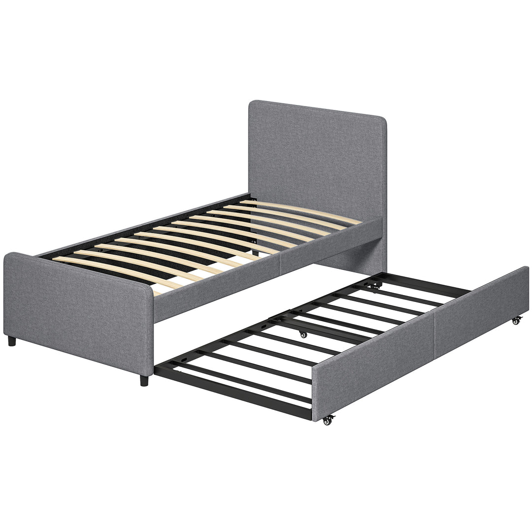 3ft Single Bed Frame with Trundle, Upholstered Pull Out Trundle Bed wi