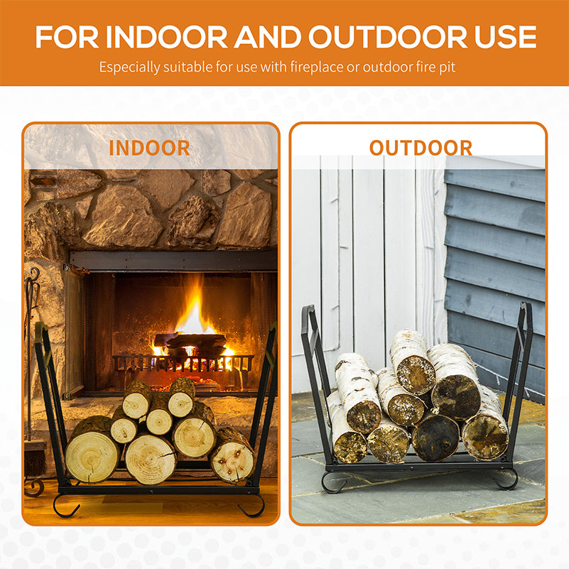 MCL Metal Firewood Log Holder Indoor Outdoor Folding Firewood Rack Fireplace Wood Storage Shelf w/ Scrolls, Rust-Resistant, Black, 48L x 34W x 37Hcm