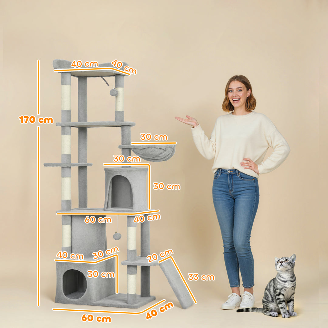 MCL 170 cm Large Cat Tree, Cat Tower with 7 Scratching Posts, Tunnel, 2 Condos, Hammock, Perch, Ramp, Pompoms, Light Grey