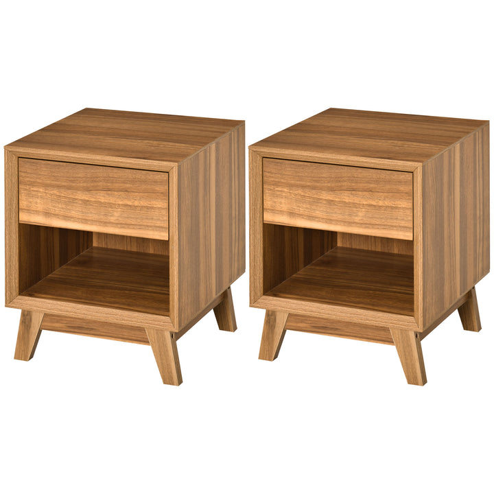 Modern Bedside Table Nightstand, Living Room End Table, Side Table with Drawer and Shelf, Set of 2, Walnut Brown