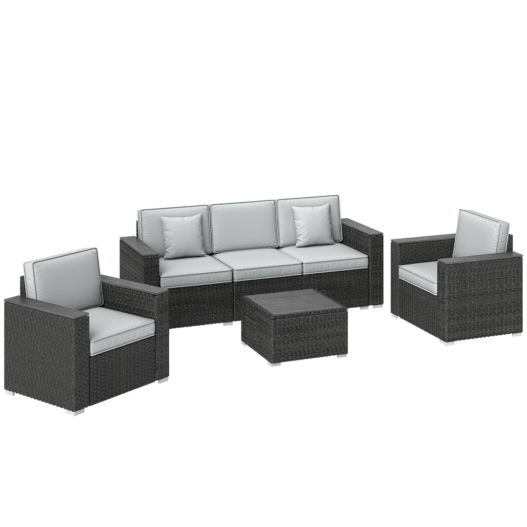 5 Seater Rattan Garden Furniture Set with Wide Armrests, Cushions, Pil