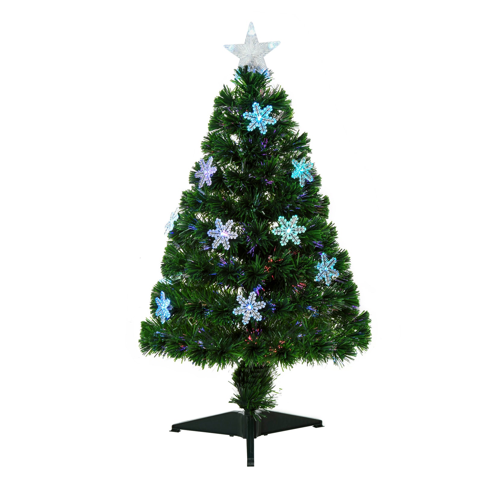 3FT Green Fibre Optic Artificial Christmas Tree Xmas Colourful LED Scattered Tree with Snowflakes Ornaments Fireproofing