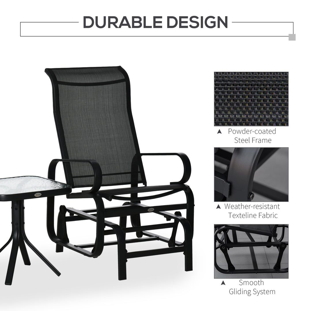 3 Pieces Garden Gliding Chair Set, Metal Frame 2 Single Armchair Swing Seater and 1 Glass Top Coffee Table w/ Breath Mesh Fabric Seat, Black