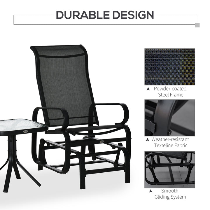 3 Pieces Garden Gliding Chair Set, Metal Frame 2 Single Armchair Swing Seater and 1 Glass Top Coffee Table w/ Breath Mesh Fabric Seat, Black