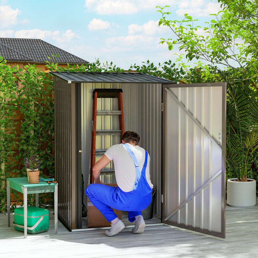 3.3 x 3.4ft Lean To Steel Garden Shed, with Locking Door - Brown/Grey