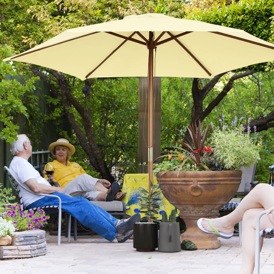 2.5m Wood Garden Parasol Sun Shade Patio Outdoor Wooden Umbrella Canopy, Table Market Umbrella with Vent, 38mm Pole, Rope Pulley Mechanism, Cream White