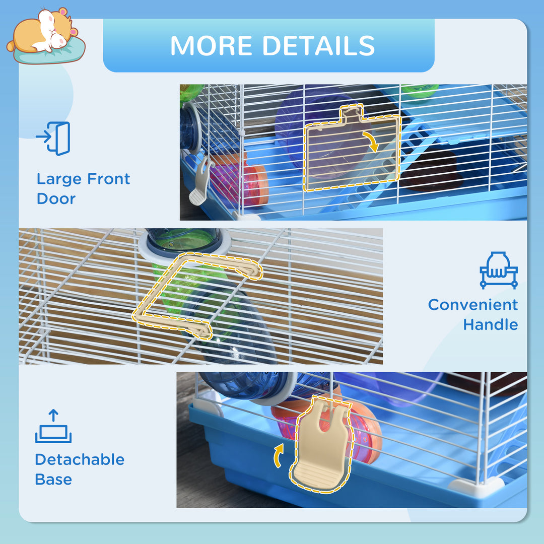 2 Tier Hamster Cage, Gerbil Cage with Handle, Exercise Wheels, Tunnel, Tube, Water Bottle, Dishes, Ladder, for Dwarf, Blue