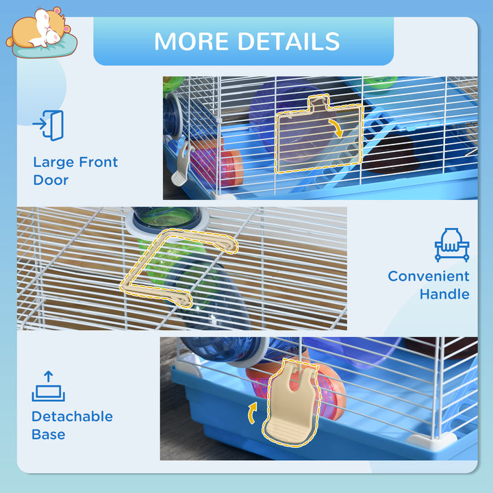 2 Tier Hamster Cage, Gerbil Cage with Handle, Exercise Wheels, Tunnel, Tube, Water Bottle, Dishes, Ladder, for Dwarf, Blue