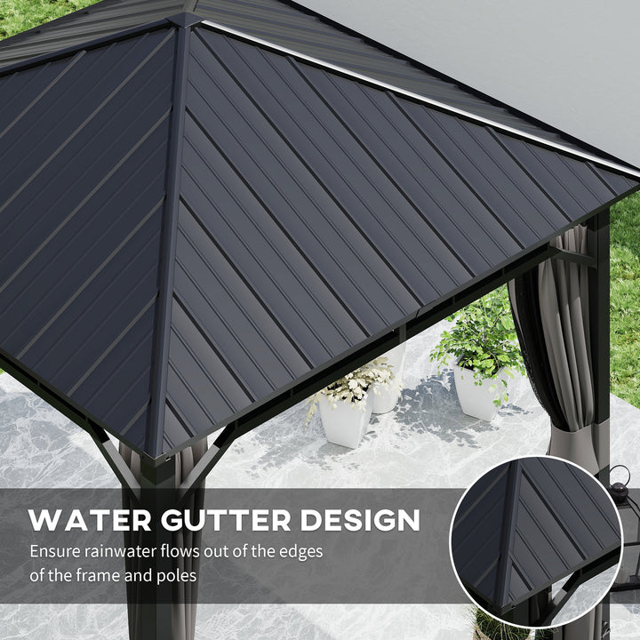 3 x 3(m) Hardtop Gazebo with Galvanised Steel Roof and Water Gutter, Waterproof Permanent Pavilion Garden Gazebo with Netting and Curtains for Patio, Deck