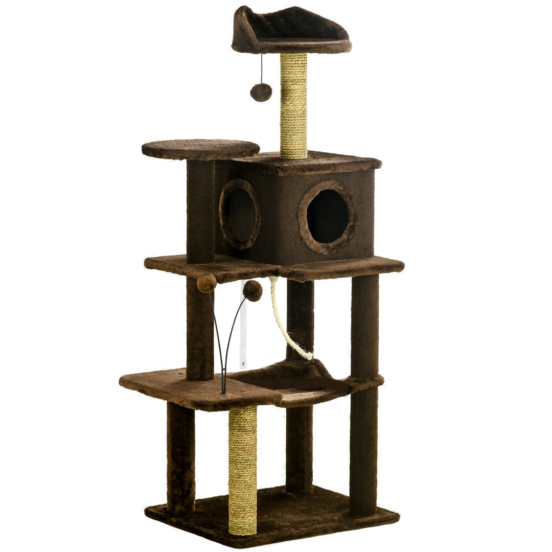 136cm Cat Tree for Indoor Cats, Modern Cat Tower with Scratching Posts, house, Platforms, Toy Ball - Brown