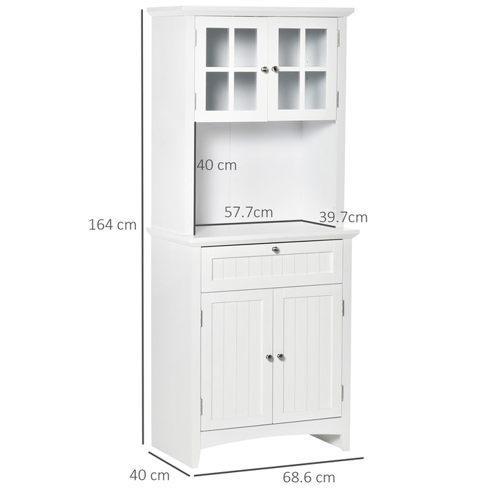Kitchen Cupboard, Wooden Storage Cabinet with Framed Glass Door, Drawer, Microwave Space for Dining and Living Room, White