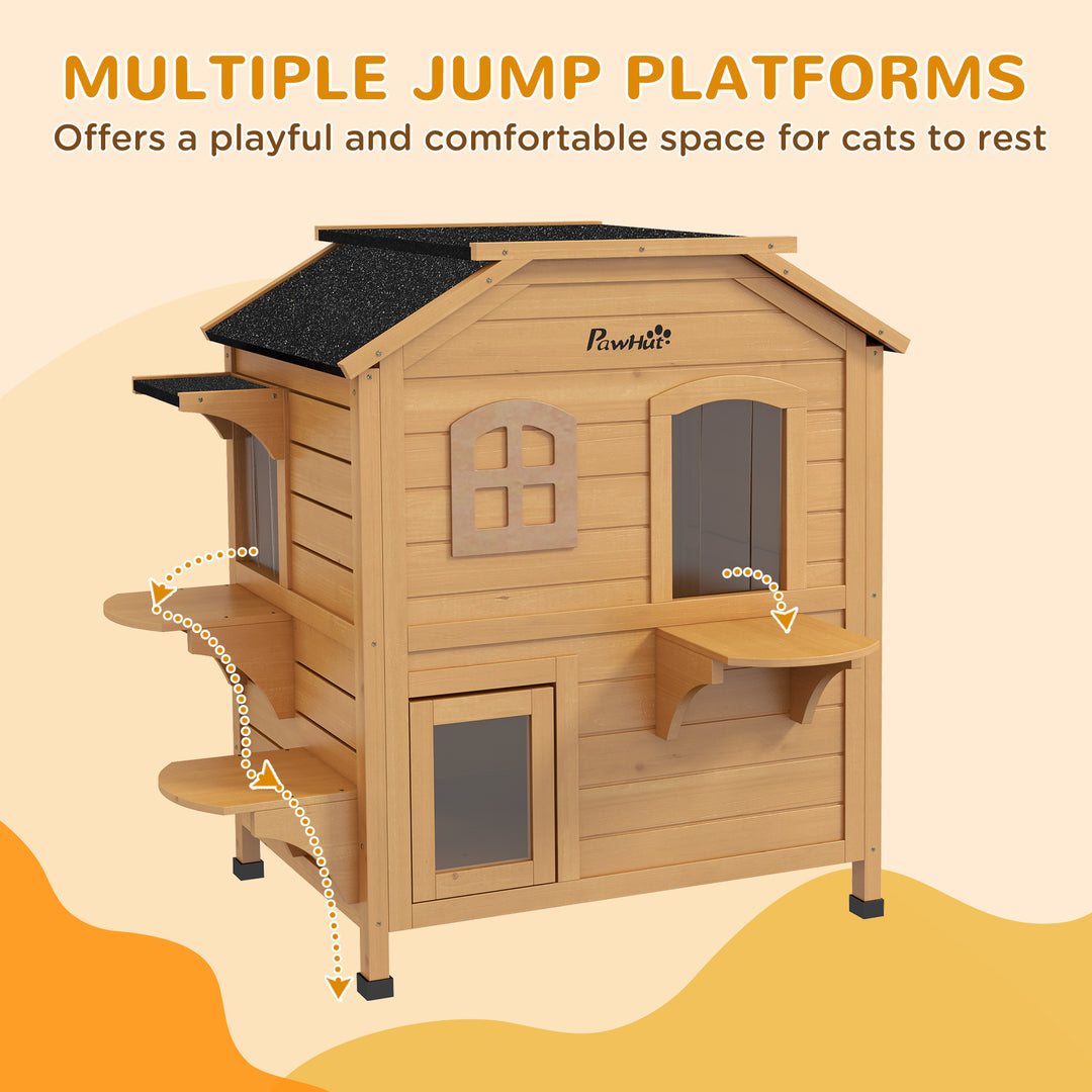 MCL 2-story Cat House Outdoor, Weatherproof Wooden Cat Enclosure for Feral Cats with Escape Door, Openable Roof, Jumping Platforms, Natural Wood Finish