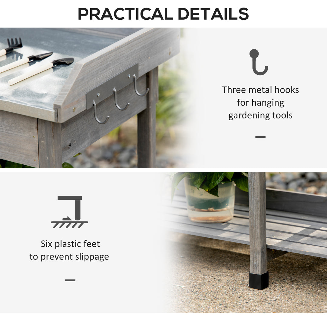 Garden Potting Table, Wooden Workstation Bench w/ Galvanized Metal Tabletop, Drawer, Storage Shelves and Hooks for Patios, Courtyards, Balcony