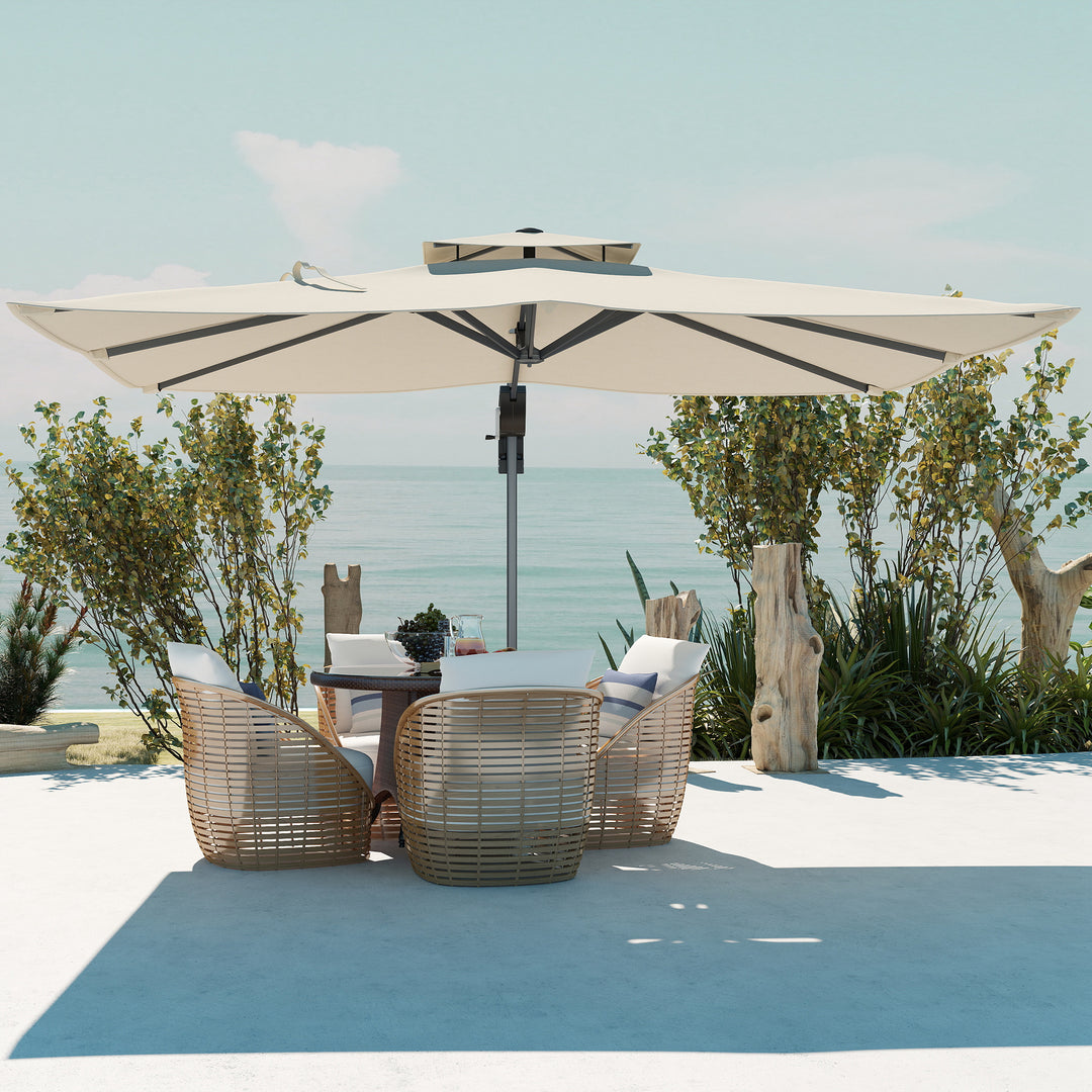 3.7 x 2.7 m Cantilever Parasol w/ 360° Rotation and Easy Tilt Adjustment, Aluminium Hanging Offset Outdoor Umbrella w/ Double Top, Cross Base, UPF50+ Hanging Sun Shade, Grey Wood Effect Pole