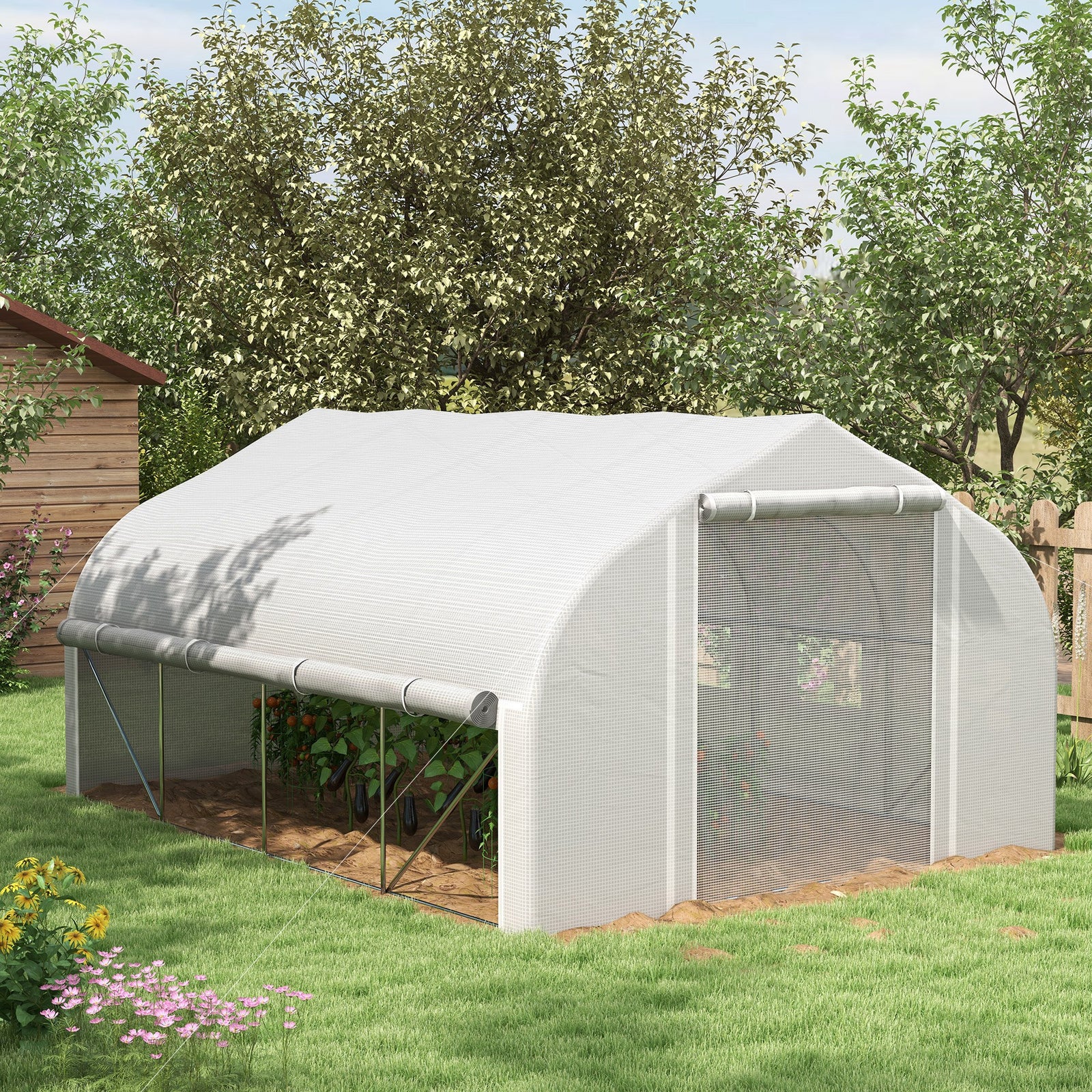 4 x 3(m) Walk-in Polytunnel Greenhouse, Zipped Roll Up Sidewalls, Mesh Door, 8 Mesh Windows, Tunnel Warm House Tent with PE Cover, Complimentary Plant Labels and Gloves, White