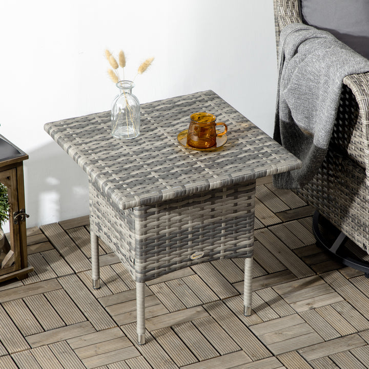 Rattan Side Table, Outdoor Coffee Table with Plastic Board Under the Full Woven Table Top for Patio, Garden, Balcony, Mixed Grey
