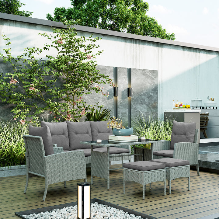 5 Seater Rattan Garden Furniture Set, 2 Armchairs, 3-Seater Wicker Sofa, 2 Footstools and Glass Table, 6 Piece Patio Rattan furniture Sofa Sets with Cushions for Conservatory, Grey