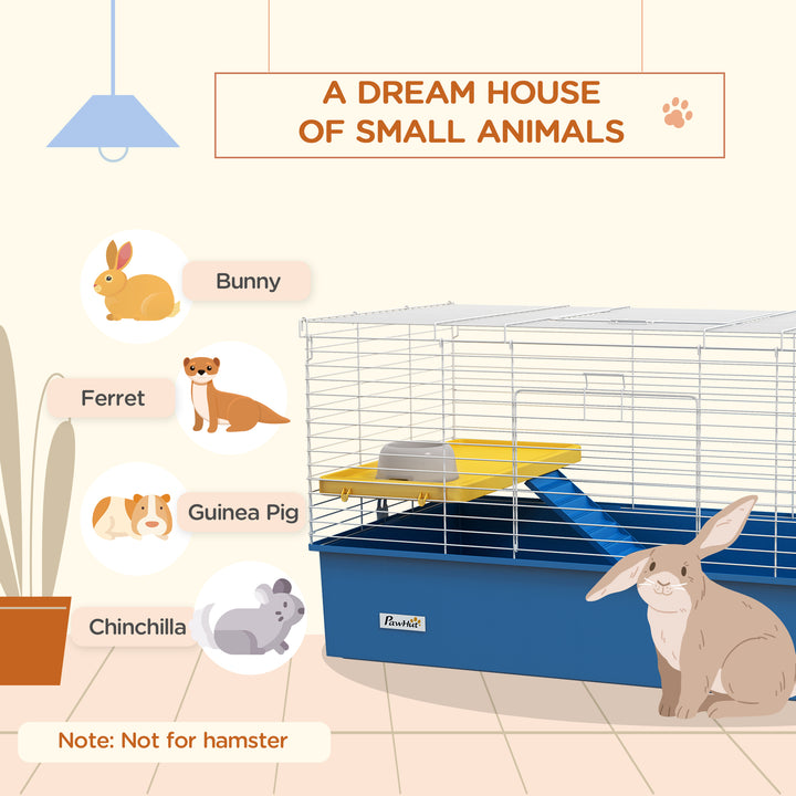 PawHut Chinchillas Small Rabbit Guinea Pig Small Animal Cage, Pet Playhouse, with Platform, Ramp, 99 x 52 x 53cm, Blue | Aosom UK