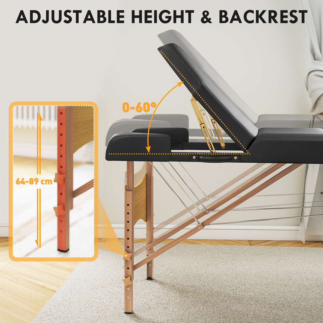Foldable Massage Table with Beech Wood Legs - Black