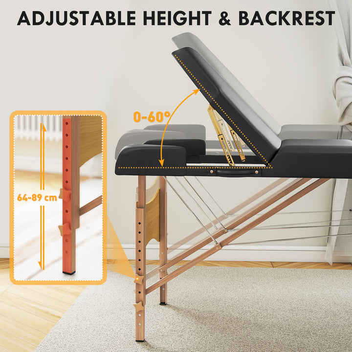 Foldable Massage Table with Beech Wood Legs - Black