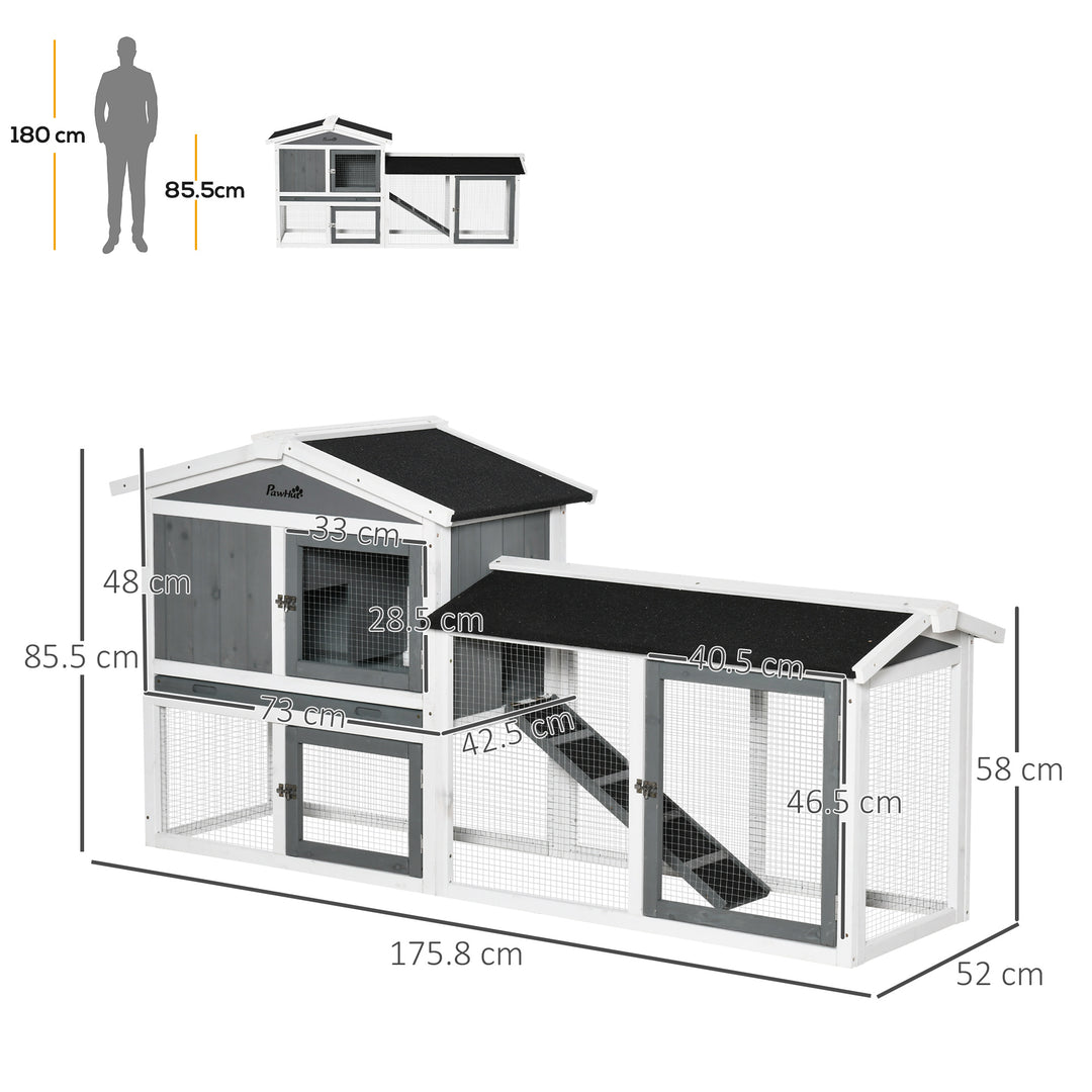 Rabbit Hutch Outdoor, 2-Tier Guinea Pig Hutch, Wooden Small Animal House with Rabbit Run Box, Slide-out Tray, Ramp, 175.8 x 52 x 85.5 cm, White