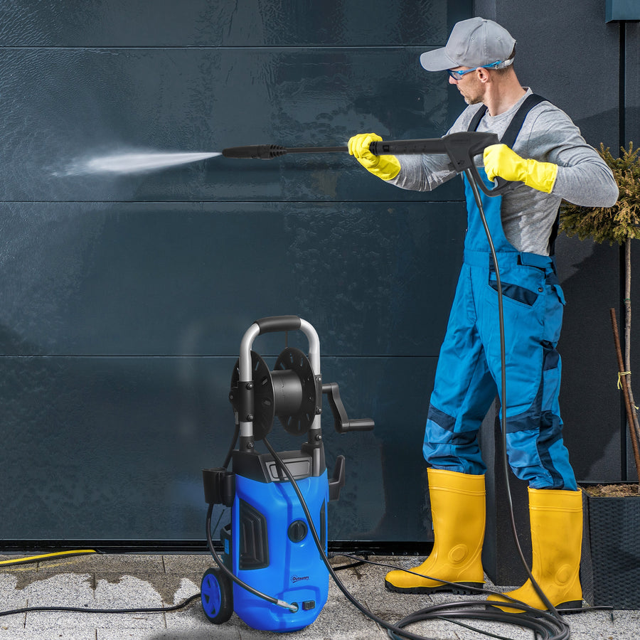 1800W High Pressure Washer, 150 Bar Pressure, 420 L/h Flow, Portable Power Washer Jet Wash Cleaner with Adjustable Nozzle, 6M Hose, Hose Reel, Steel Handle for Home Patio Car Driveway, Blue