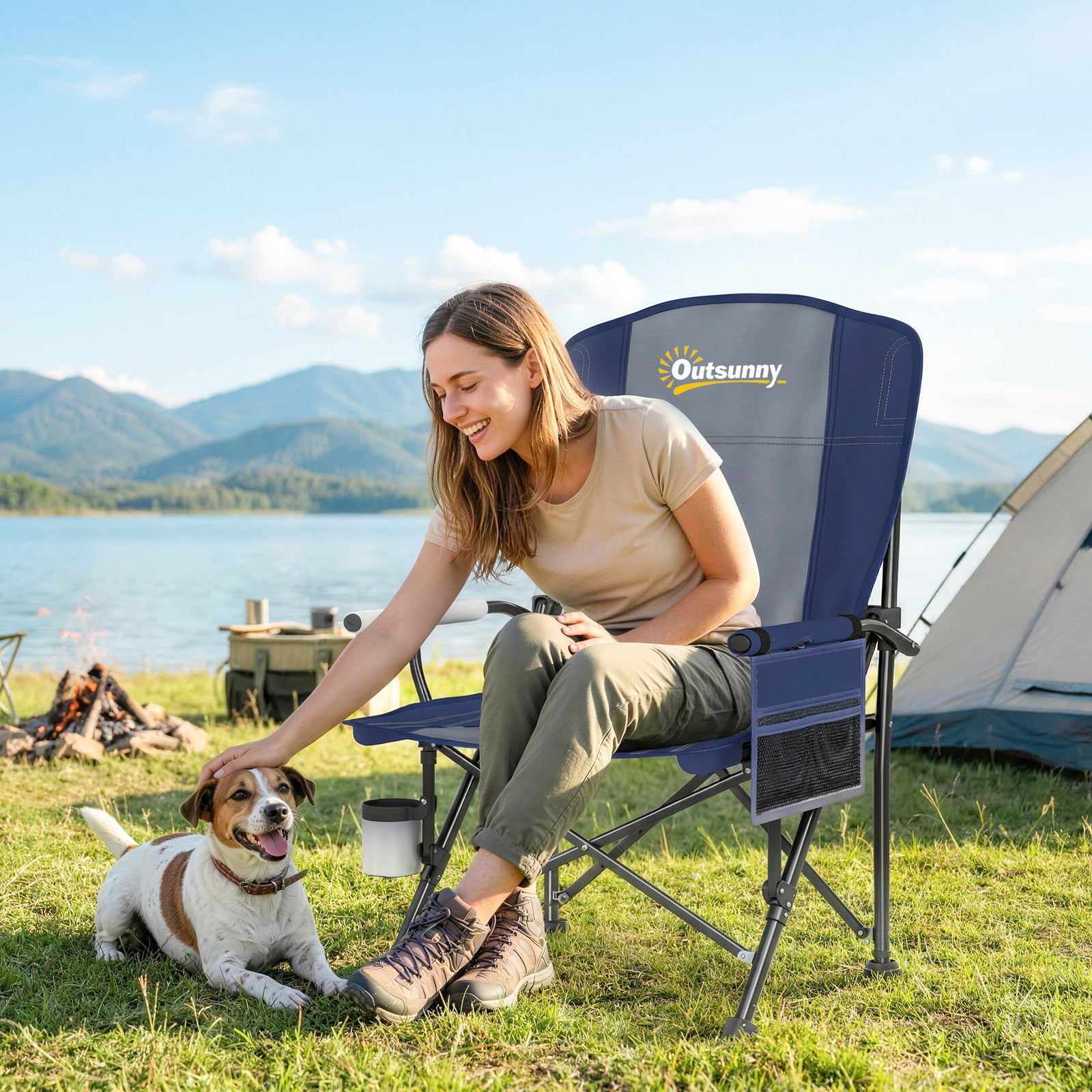Padded Camping Chair Adults Heavy Duty Folding Chair Side Pocket Cup H