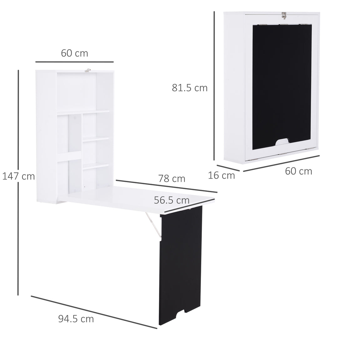 Folding Wall-Mounted Drop-Leaf Table, Convertible Wall Table With Chalkboard and Storage Shelf, Multifunctional Floating Desk for Home Office, White